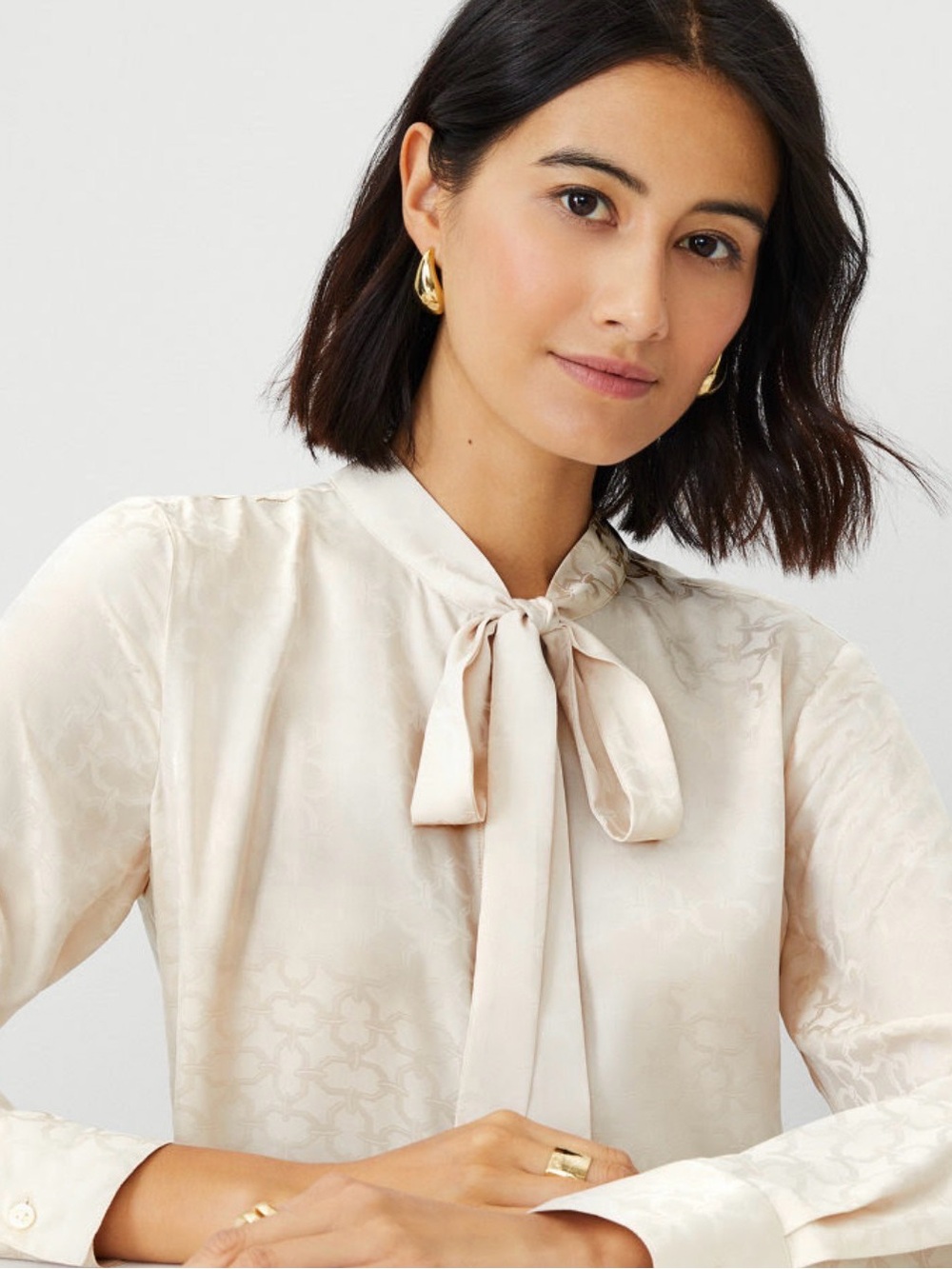 Ann Taylor Link Jacquard Tie Neck Blouse in Ivory